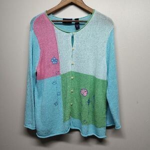 Crazy Horse By Liz Claiborne Knit Cardigan Sweater Women Size XL Blue Artsy Fall